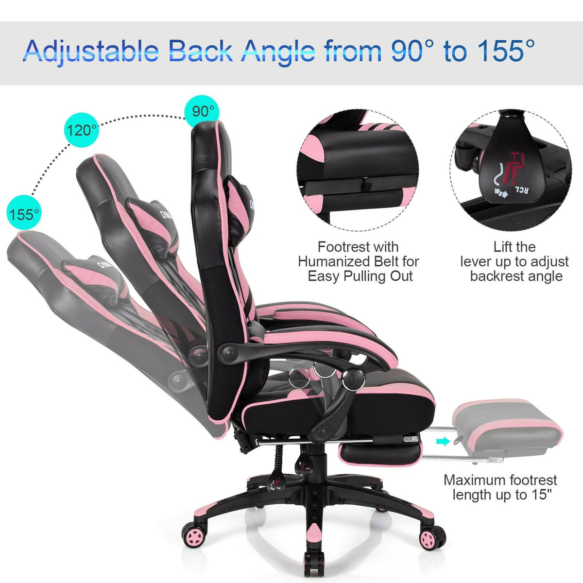Adjustable Gaming Chair with Footrest for Home Office-Pink view 8