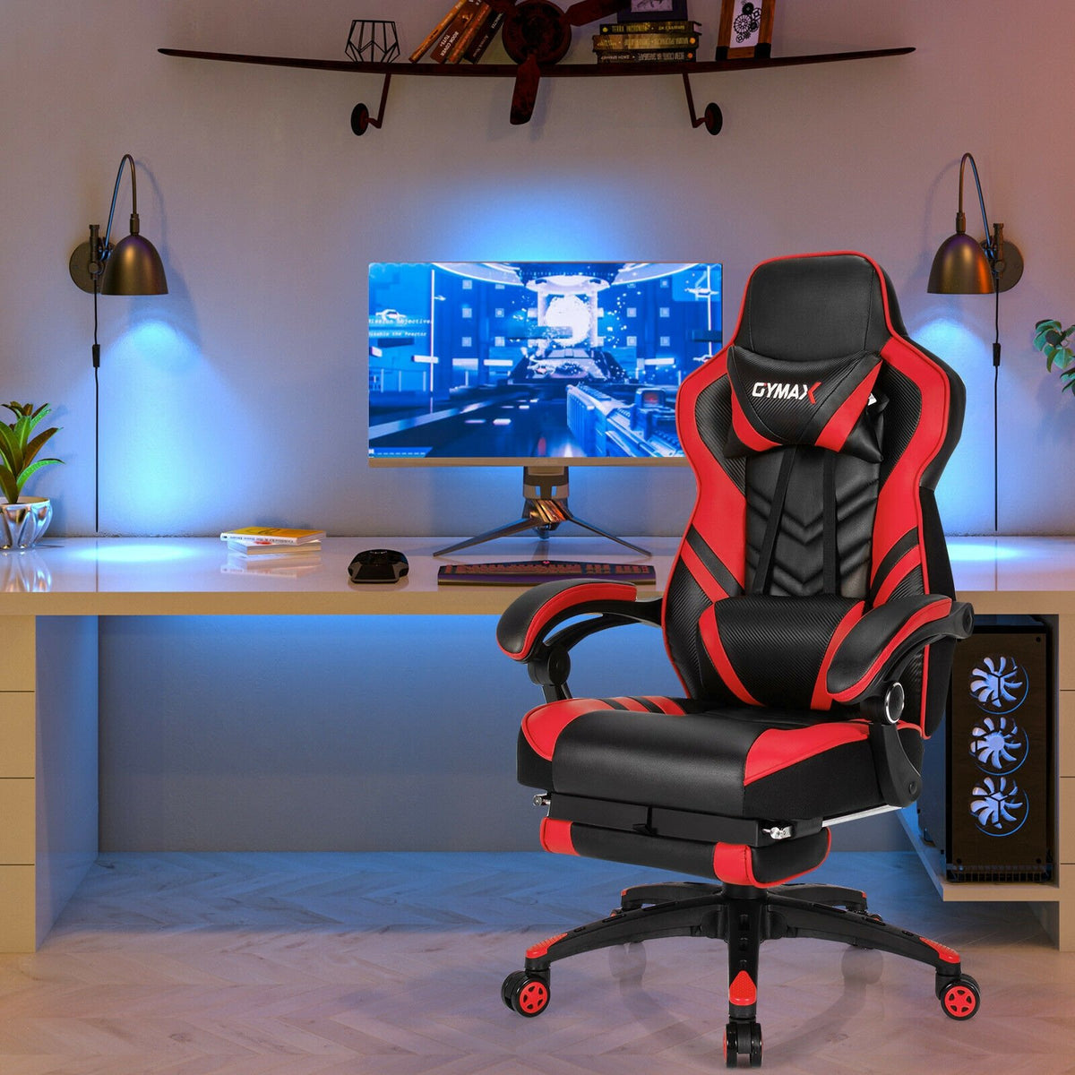 Adjustable Gaming Chair with Footrest for Home Office-Red view 3