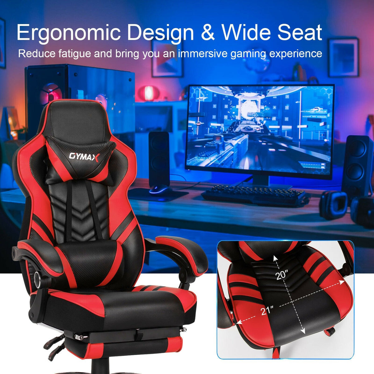 Adjustable Gaming Chair with Footrest for Home Office-Red view 6
