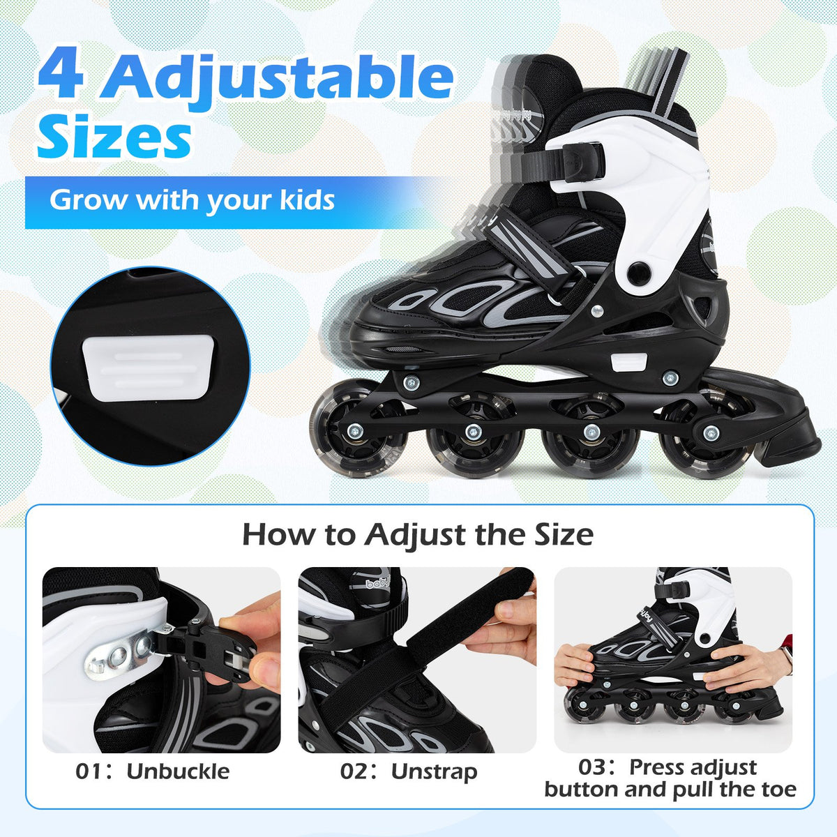Adjustable Kids' Incline Skates 4 Sizes Adjustable Blade Roller-Black view 7