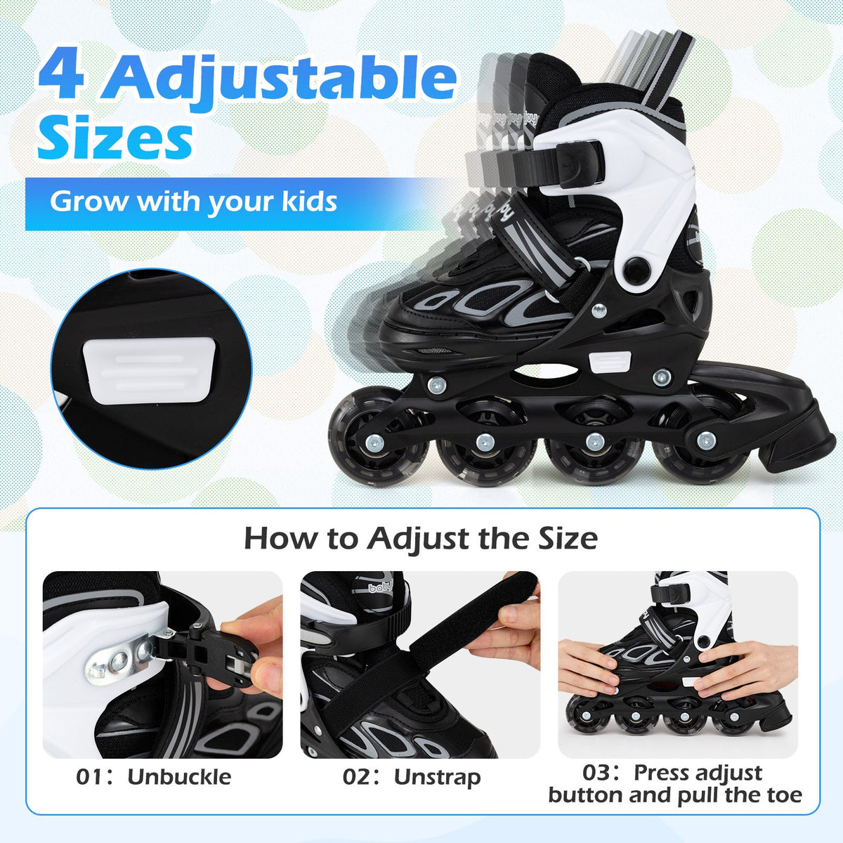 Adjustable Kids' Incline Skates for Boys Girls Ages 5-14-Black view 7