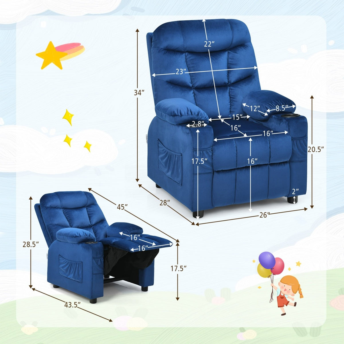 Kids Recliner Chair with Cup Holder and Footrest for Children-Light Blue view 5