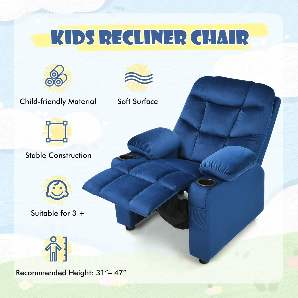 Kids Recliner Chair with Cup Holder and Footrest for Children-Light Blue view 7