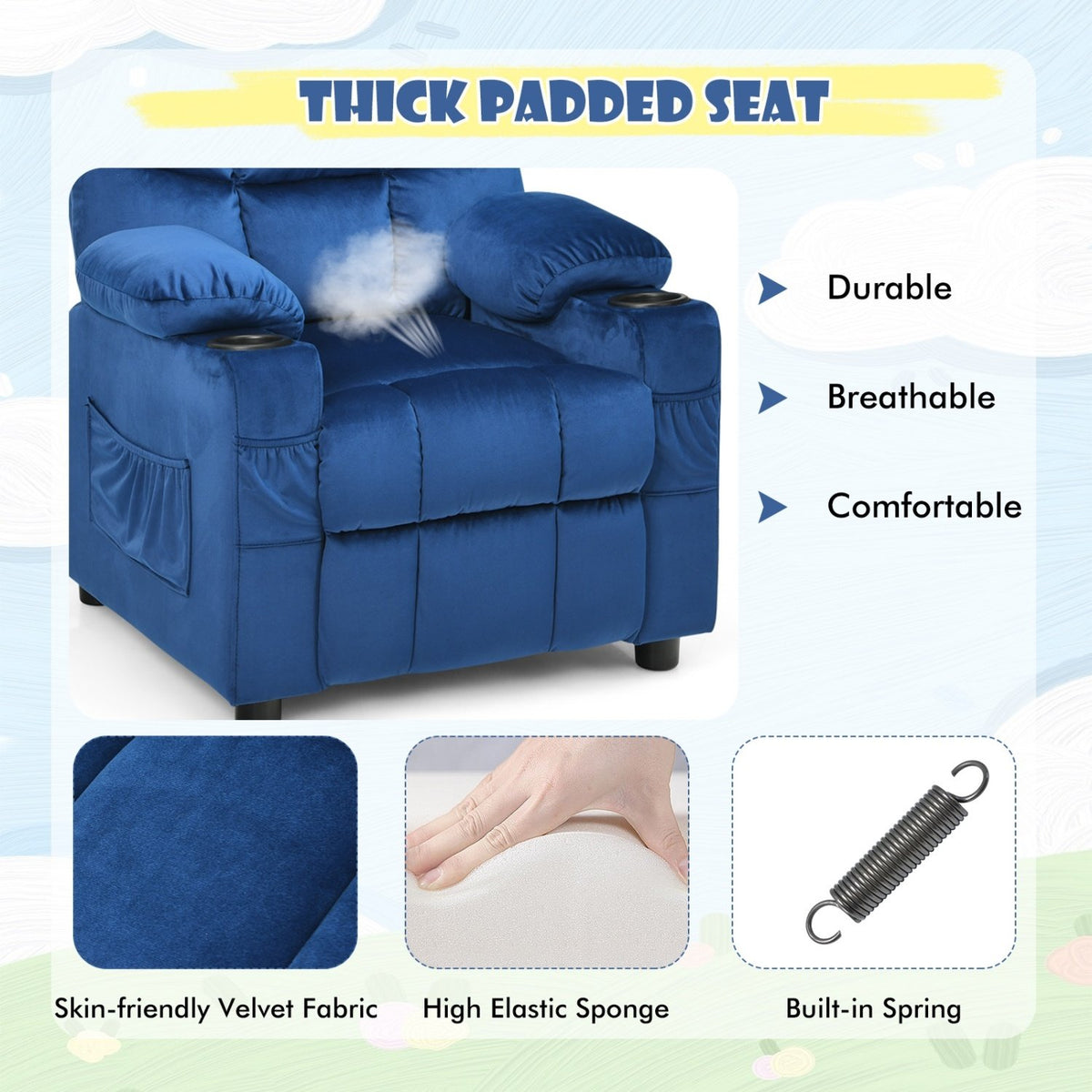 Kids Recliner Chair with Cup Holder and Footrest for Children-Light Blue view 9