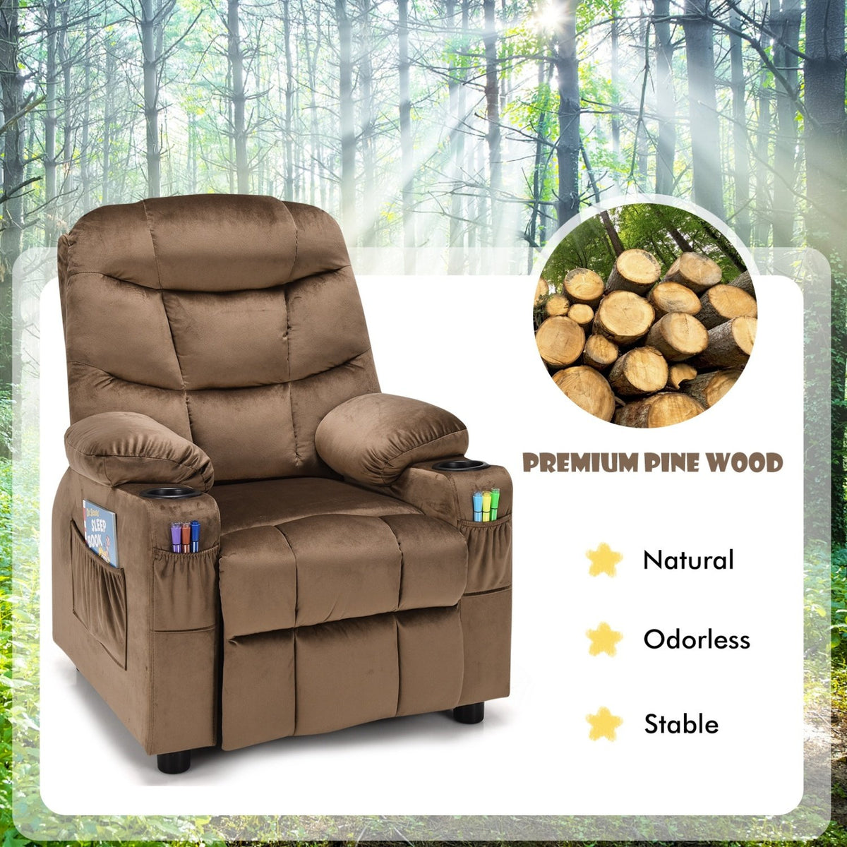 Kids Recliner Chair with Cup Holder and Footrest for Children-Light Brown view 5