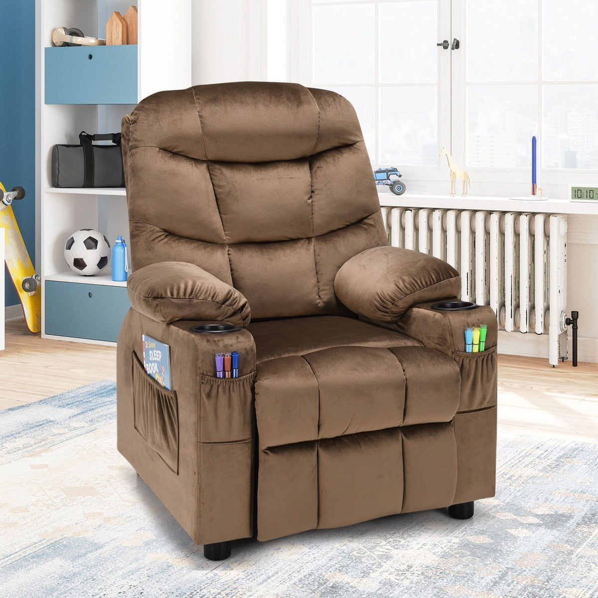 Kids Recliner Chair with Cup Holder and Footrest for Children-Light Brown view 6