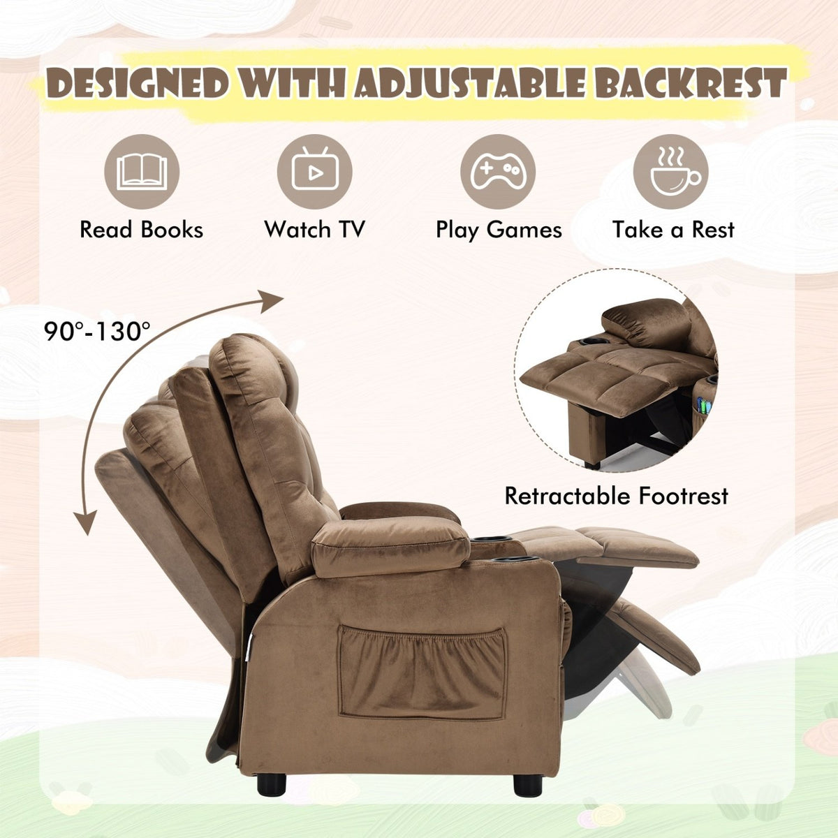 Kids Recliner Chair with Cup Holder and Footrest for Children-Light Brown view 8