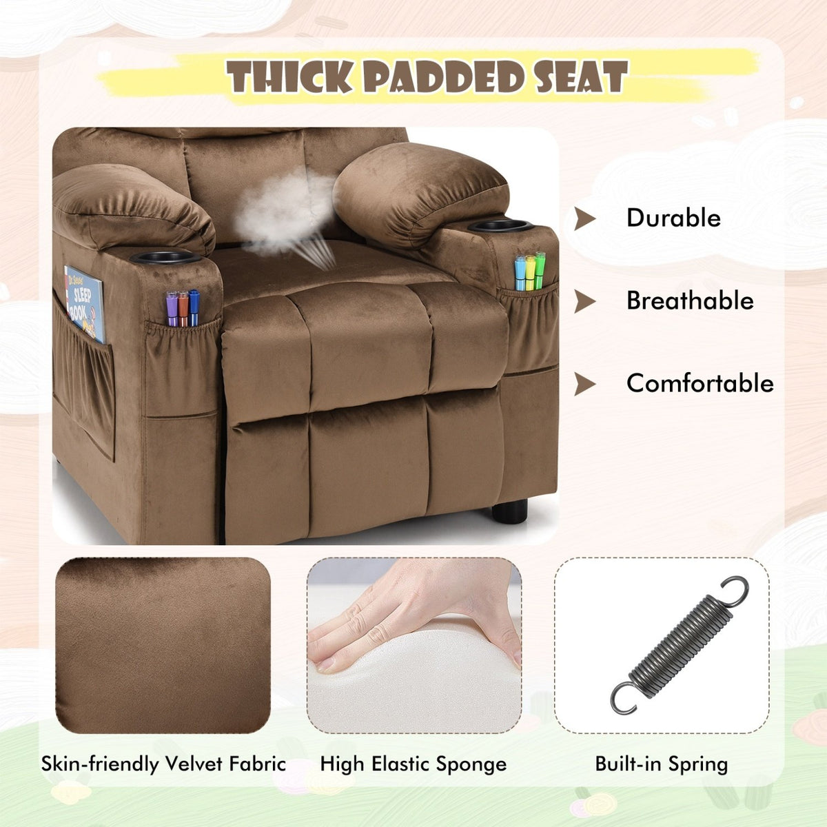 Kids Recliner Chair with Cup Holder and Footrest for Children-Light Brown view 9