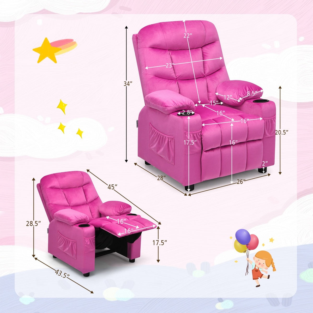 Kids Recliner Chair with Cup Holder and Footrest for Children-Pink view 5