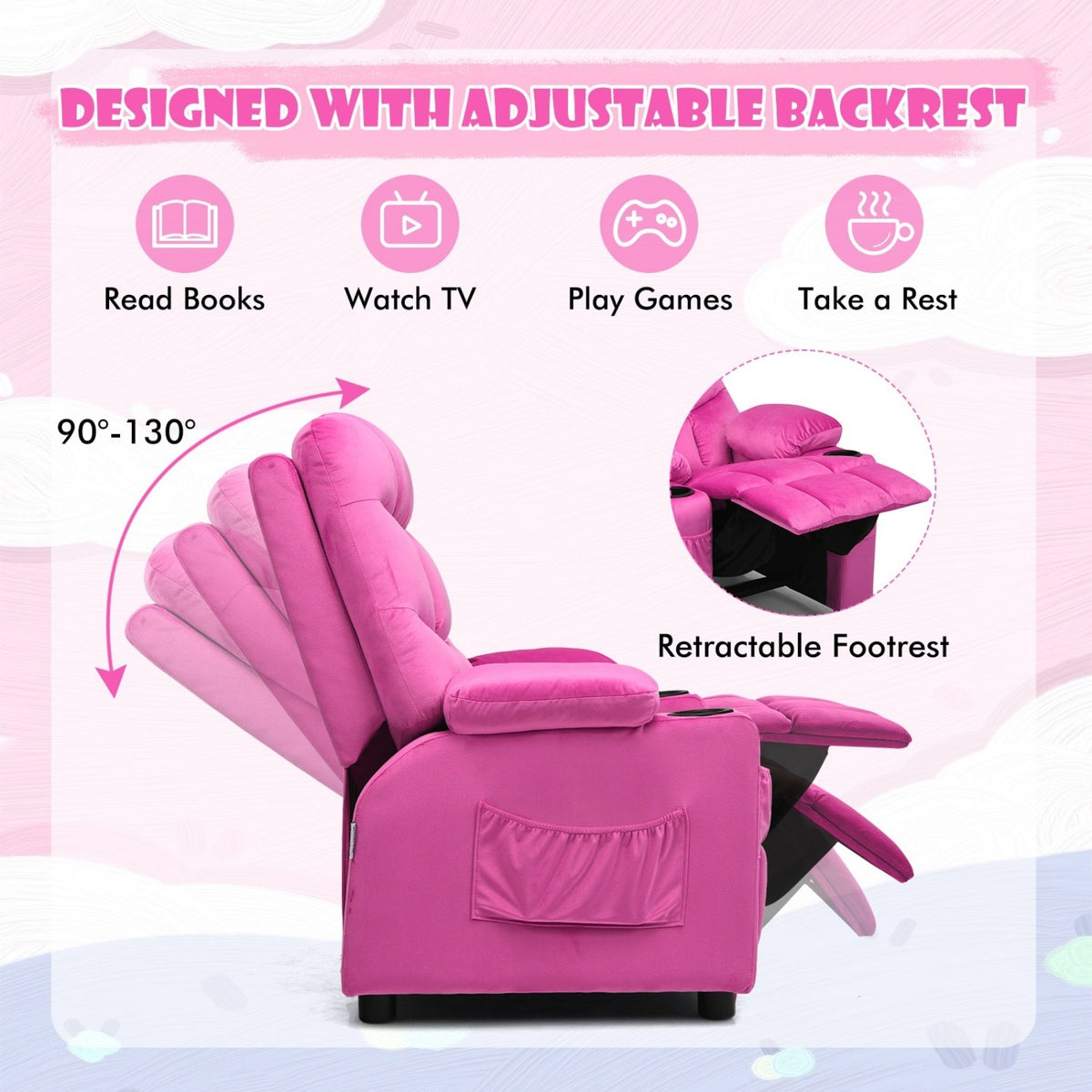 Kids Recliner Chair with Cup Holder and Footrest for Children-Pink view 8