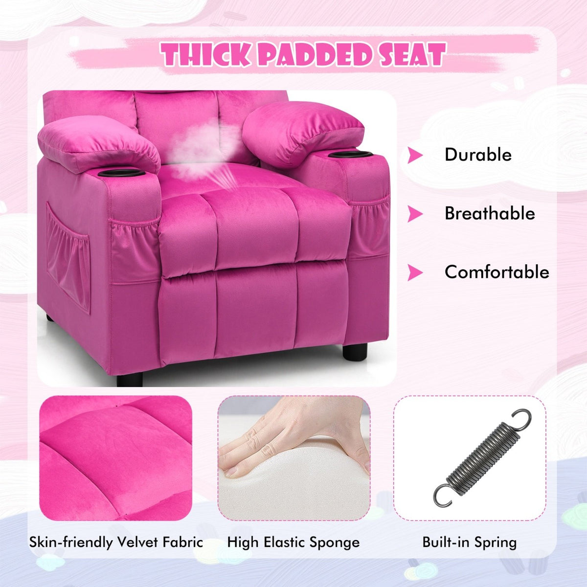 Kids Recliner Chair with Cup Holder and Footrest for Children-Pink view 9