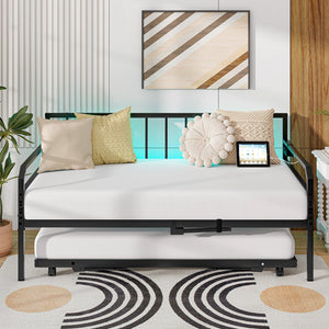 Adjustable Metal Twin Size Daybed with Charging Station and LED Light-Black view 3