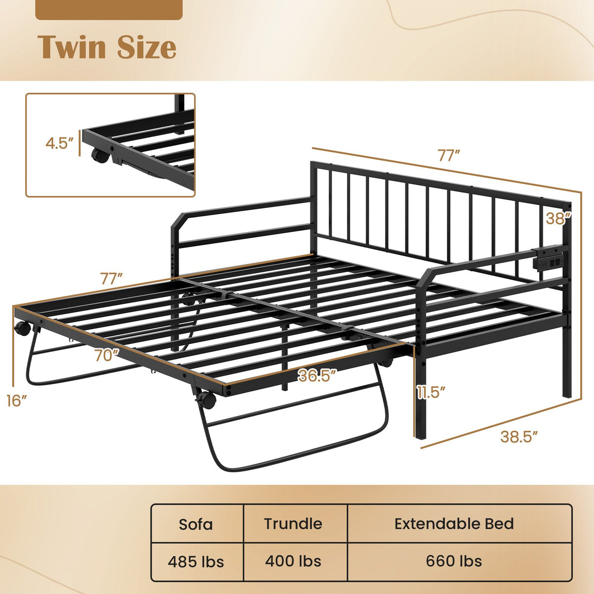 Adjustable Metal Twin Size Daybed with Charging Station and LED Light-Black view 4
