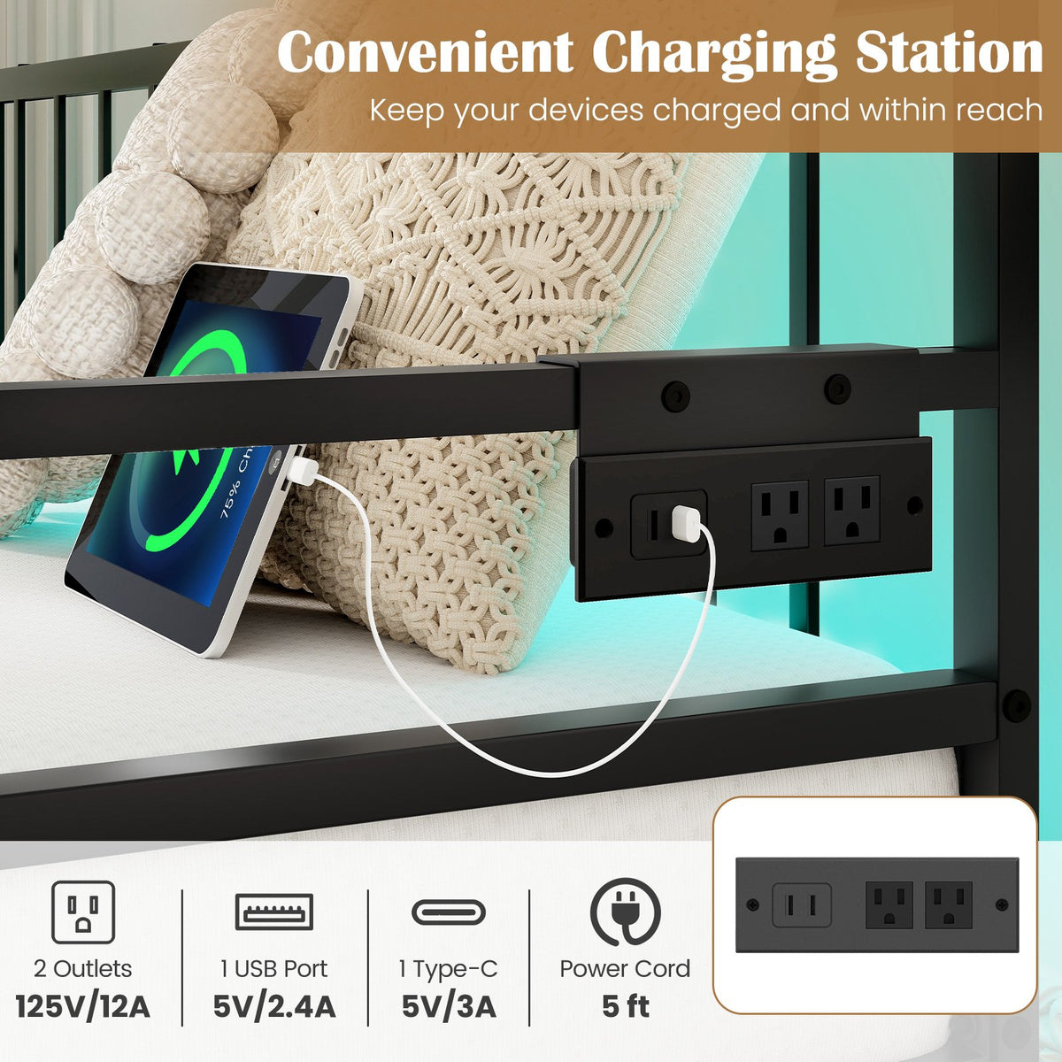 Adjustable Metal Twin Size Daybed with Charging Station and LED Light-Black view 6