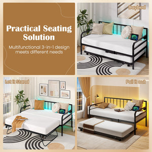 Adjustable Metal Twin Size Daybed with Charging Station and LED Light-Black view 7