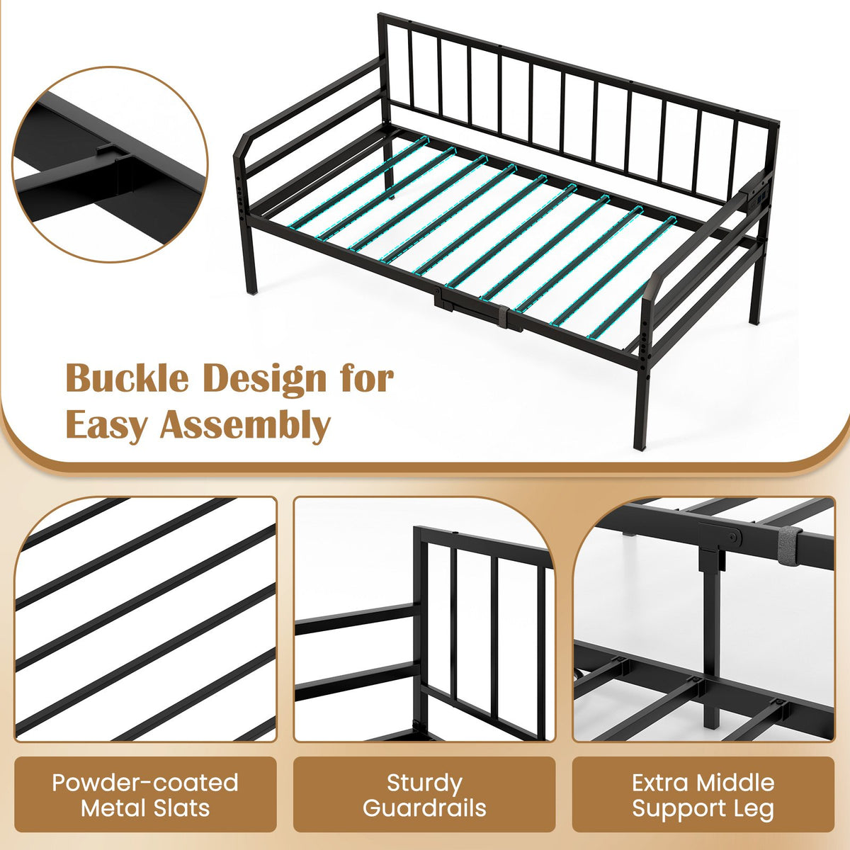 Adjustable Metal Twin Size Daybed with Charging Station and LED Light-Black view 9