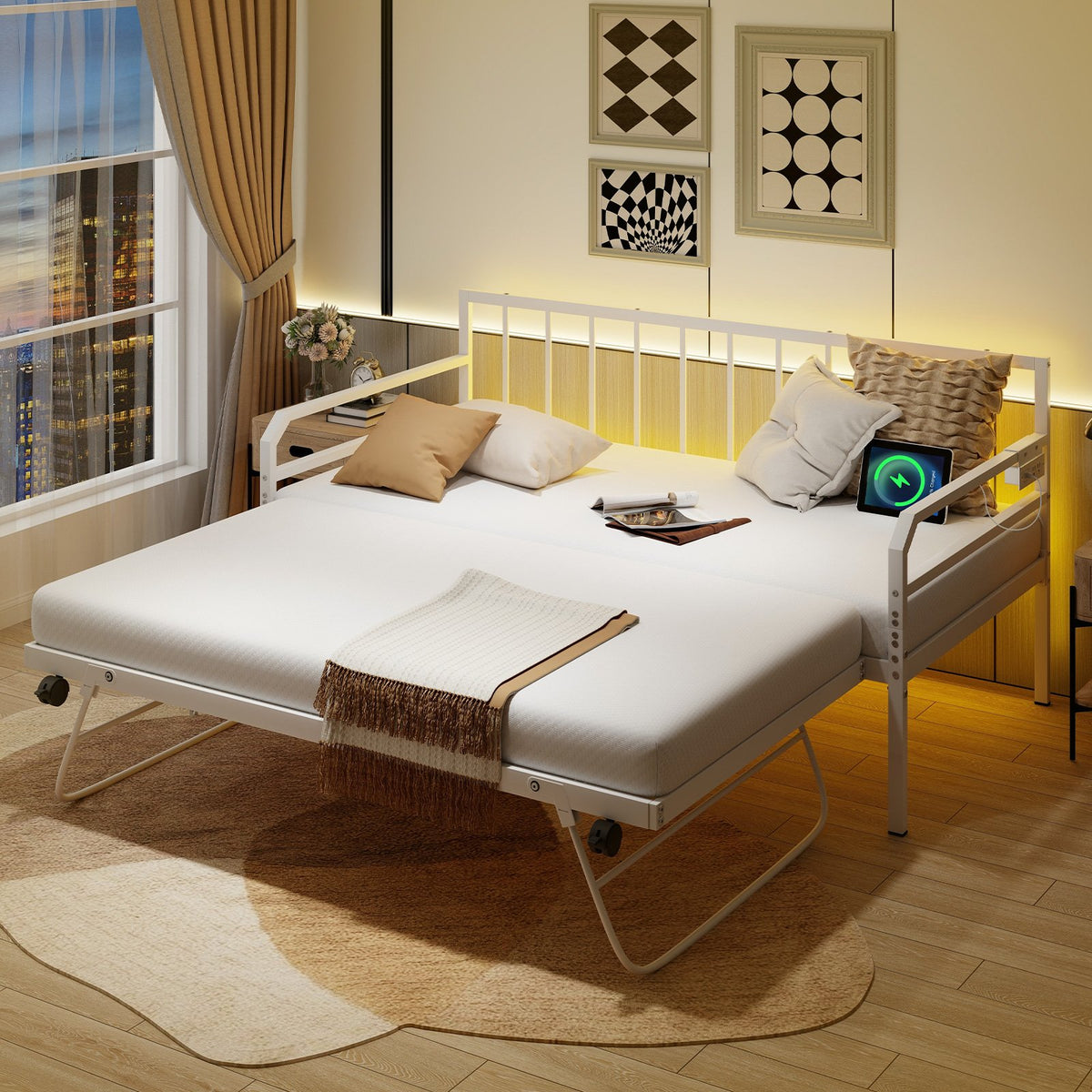 Adjustable Metal Twin Size Daybed with Charging Station and LED Light-White view 2