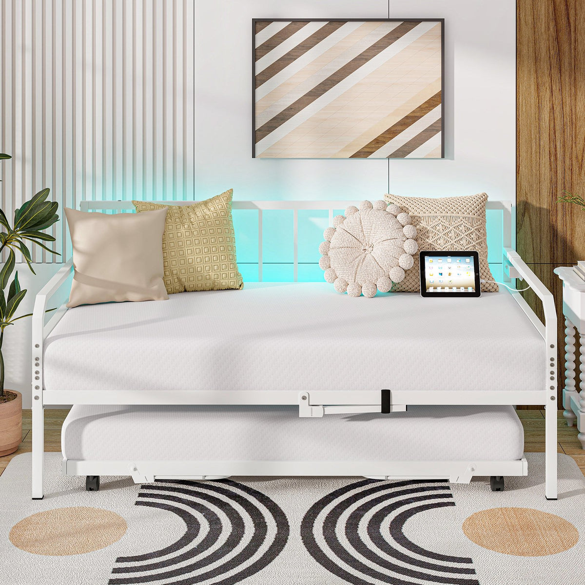 Adjustable Metal Twin Size Daybed with Charging Station and LED Light-White view 3
