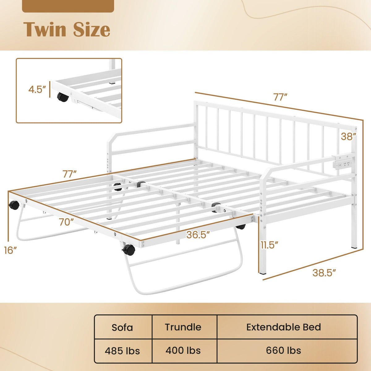 Adjustable Metal Twin Size Daybed with Charging Station and LED Light-White view 4