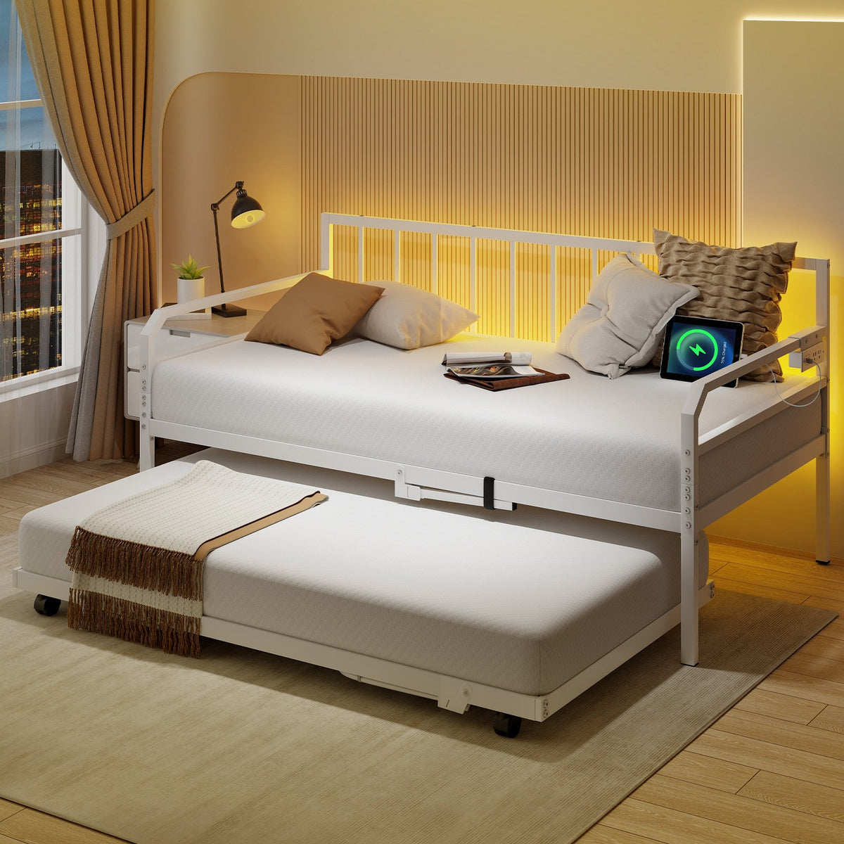 Adjustable Metal Twin Size Daybed with Charging Station and LED Light-White view 5