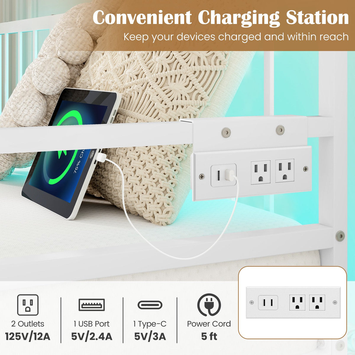 Adjustable Metal Twin Size Daybed with Charging Station and LED Light-White view 6
