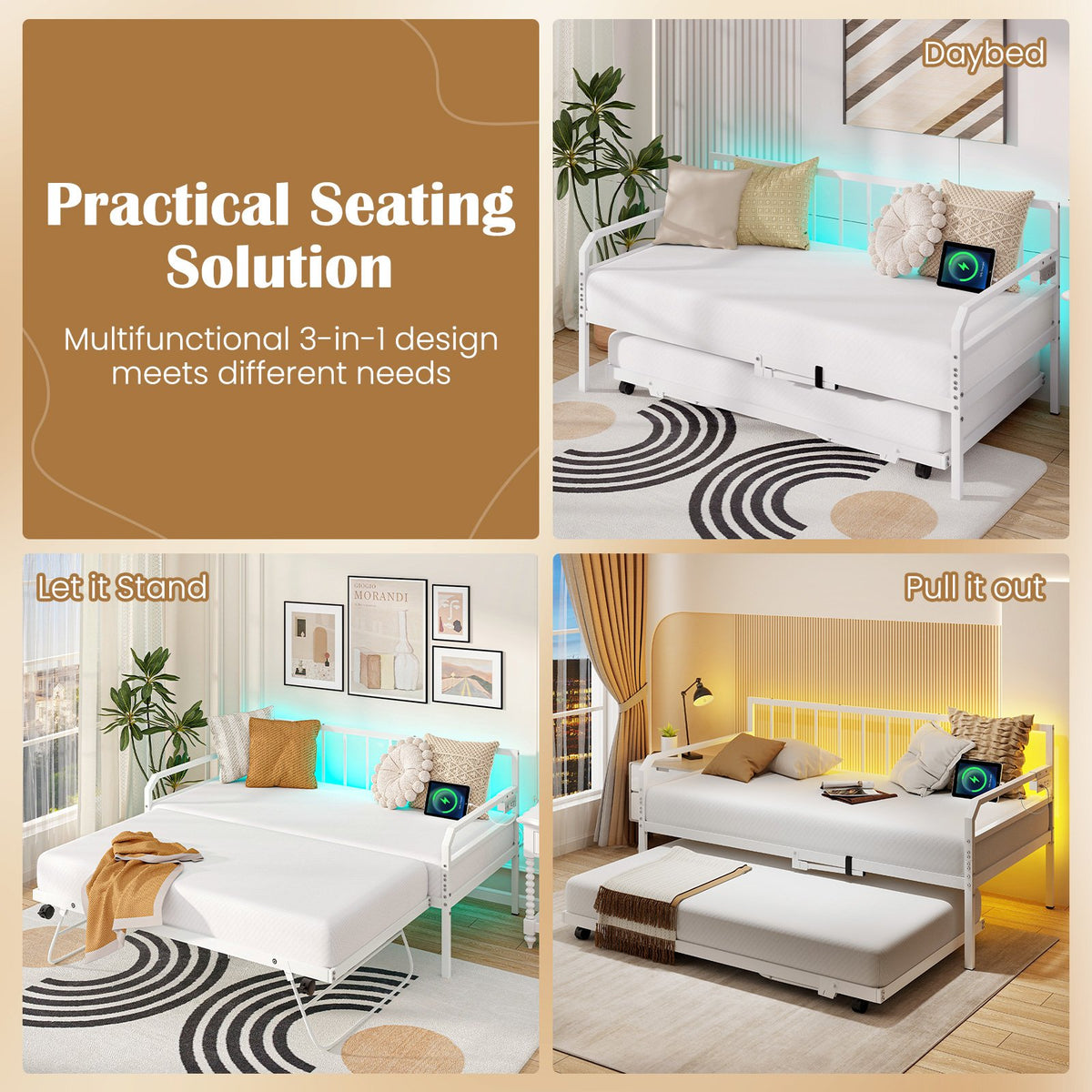 Adjustable Metal Twin Size Daybed with Charging Station and LED Light-White view 7