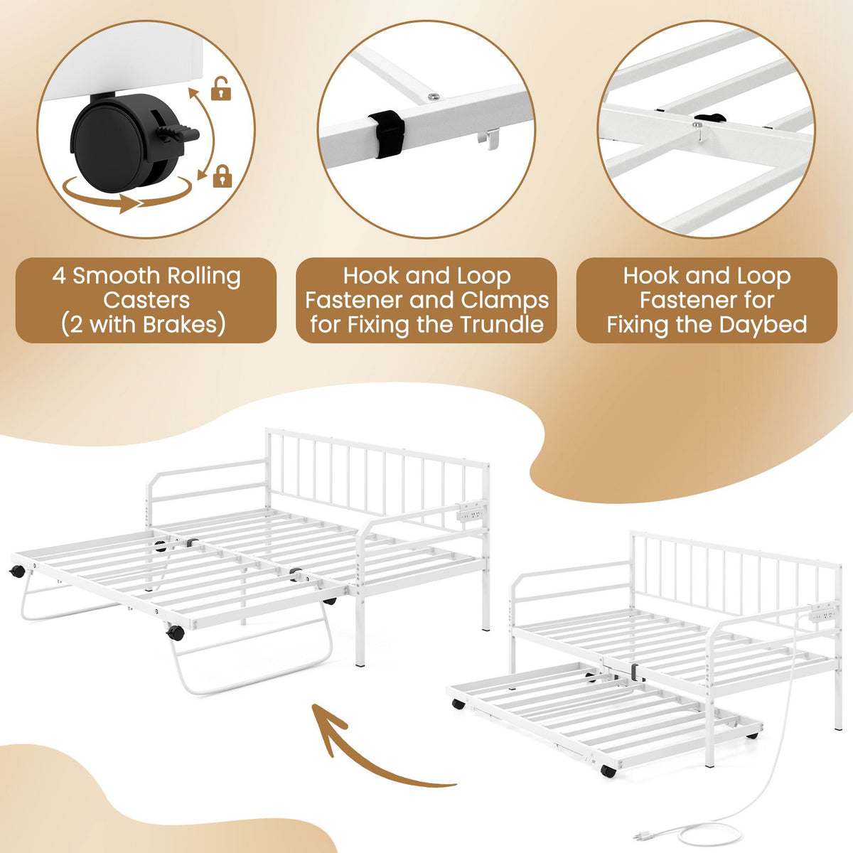 Adjustable Metal Twin Size Daybed with Charging Station and LED Light-White view 8