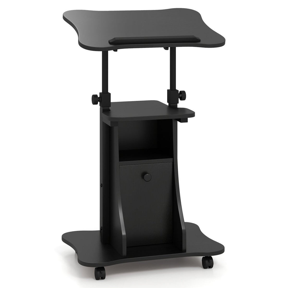 Adjustable Mobile Standing Desk Cart with Tilt Desktop and Cabinet-Black
