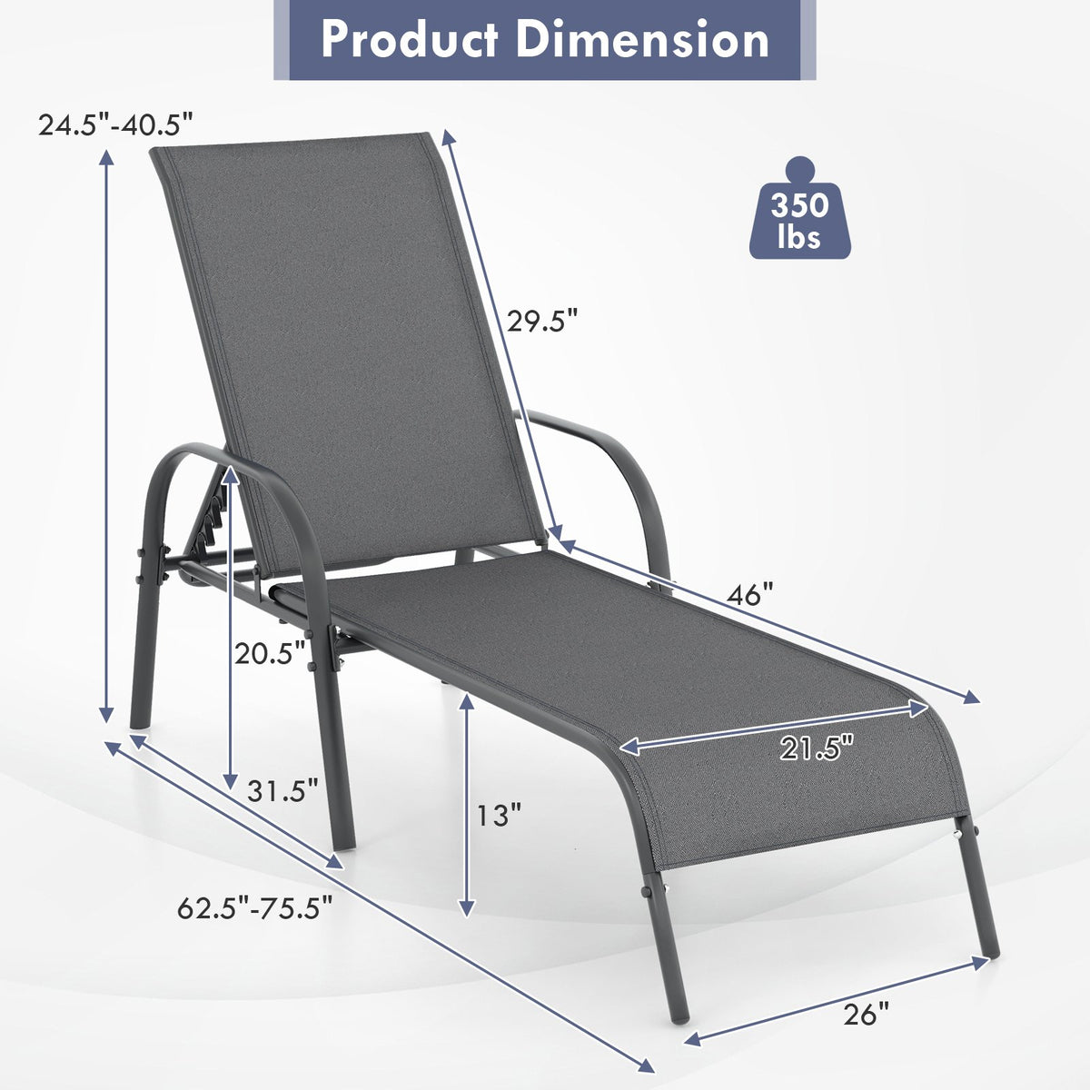 Adjustable Patio Chaise Folding Lounge Chair with Backrest-Dark Gray view 4
