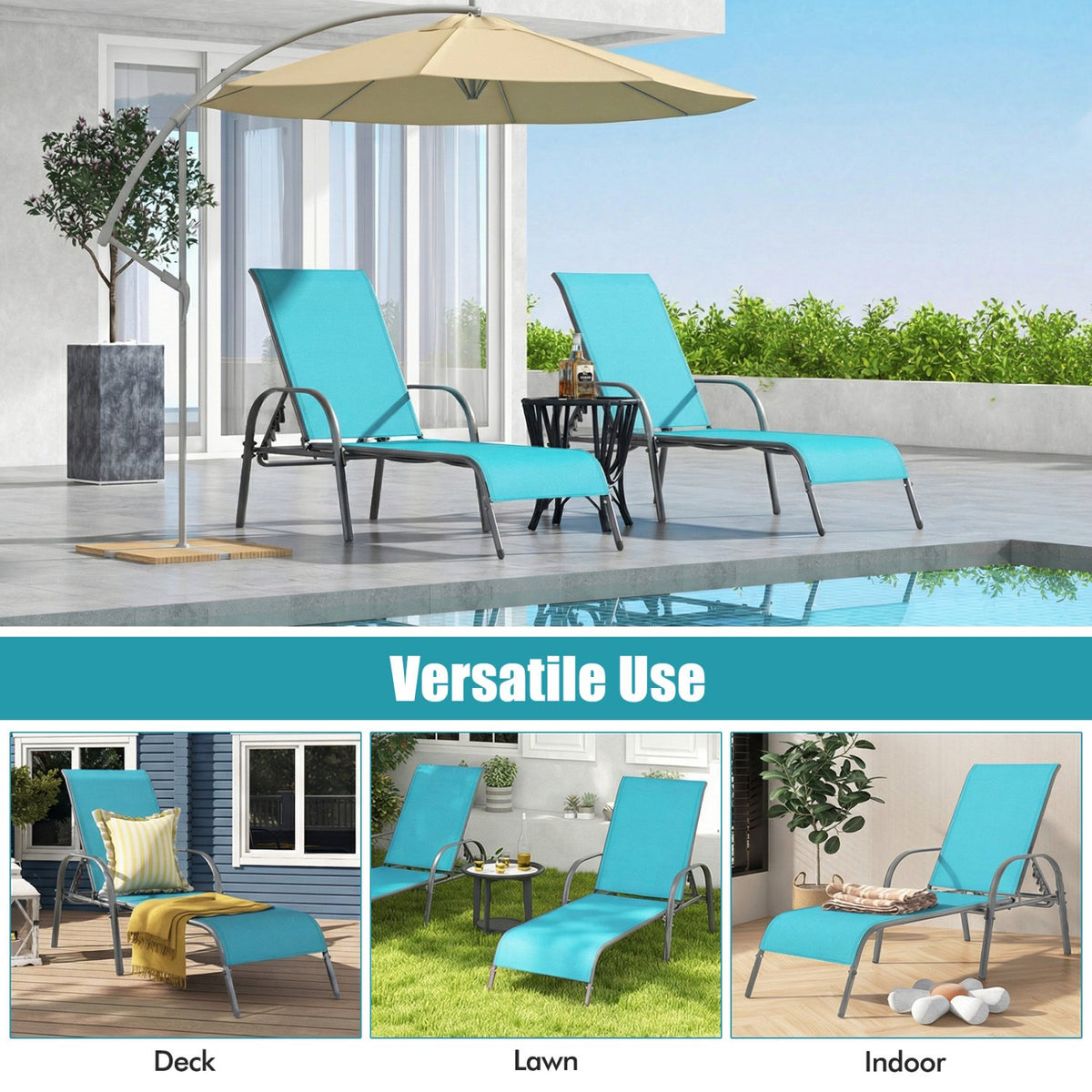 Adjustable Patio Chaise Folding Lounge Chair with Backrest-Turquoise view 5