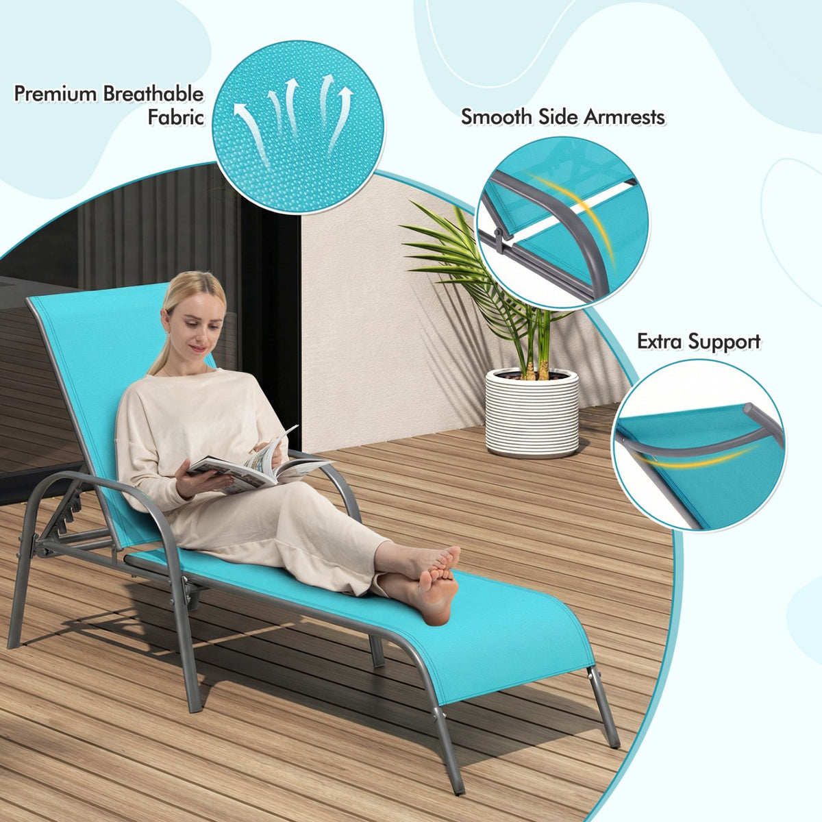 Adjustable Patio Chaise Folding Lounge Chair with Backrest-Turquoise view 9