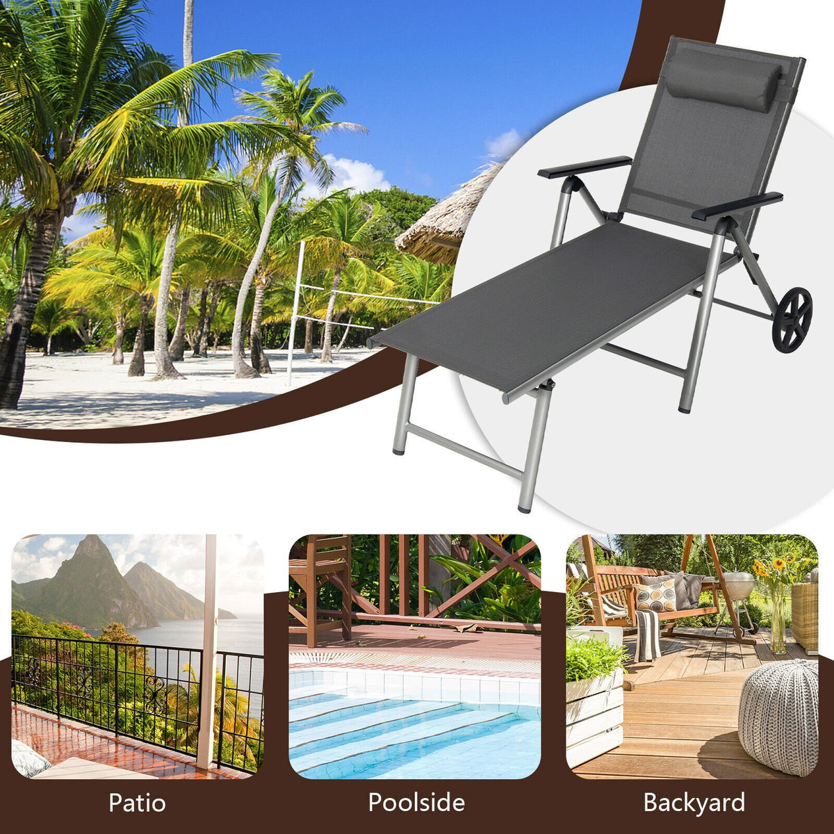 Adjustable Patio Folding Chaise Lounge Chair with Wheels view 4
