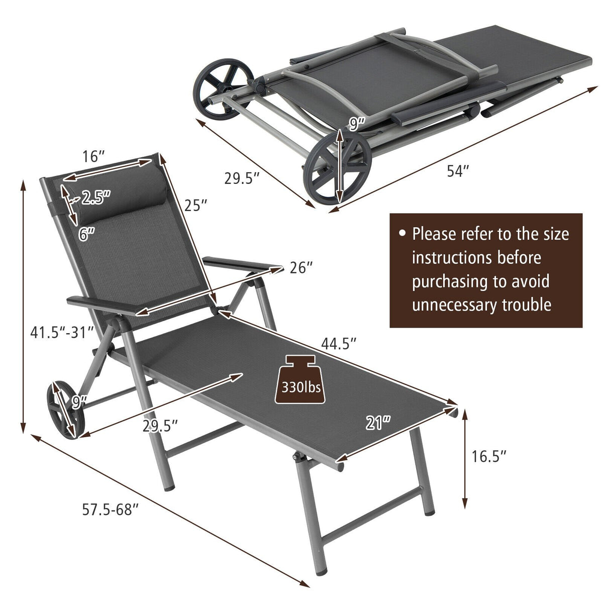 Adjustable Patio Folding Chaise Lounge Chair with Wheels view 5