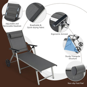 Adjustable Patio Folding Chaise Lounge Chair with Wheels view 6