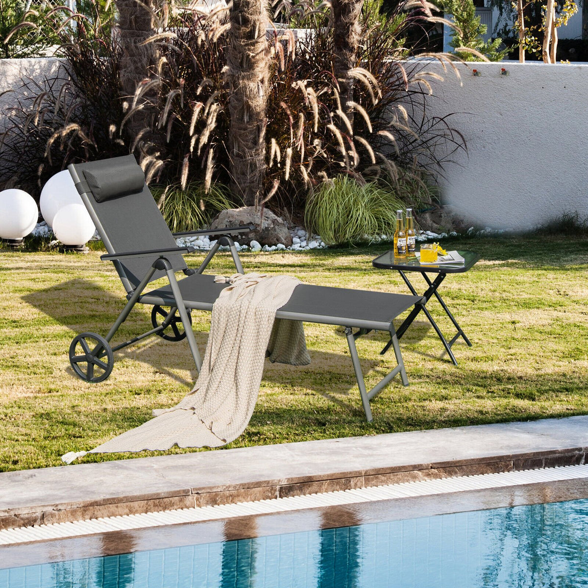 Adjustable Patio Folding Chaise Lounge Chair with Wheels view 7
