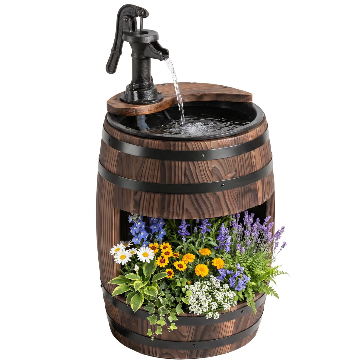 Wooden Outdoor Fountain, Electrical Barrel Waterfall with 3600r/min Speed Pump for Patio, Backyard, Carbonized
