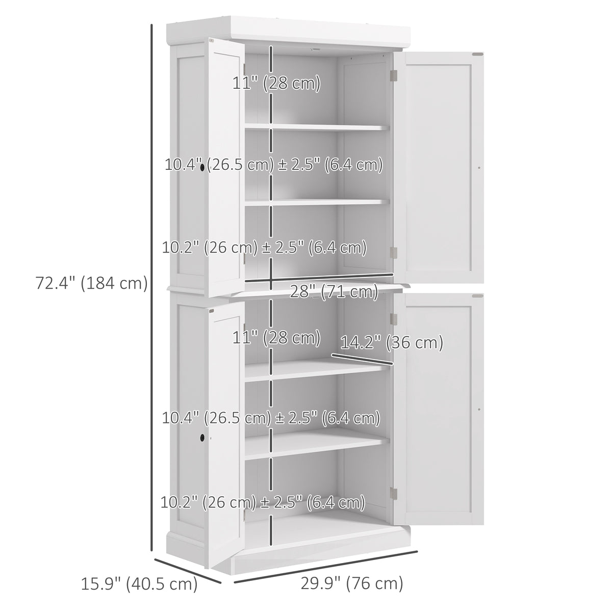 72.5" Freestanding Kitchen Pantry Cabinet with 4 Doors, White