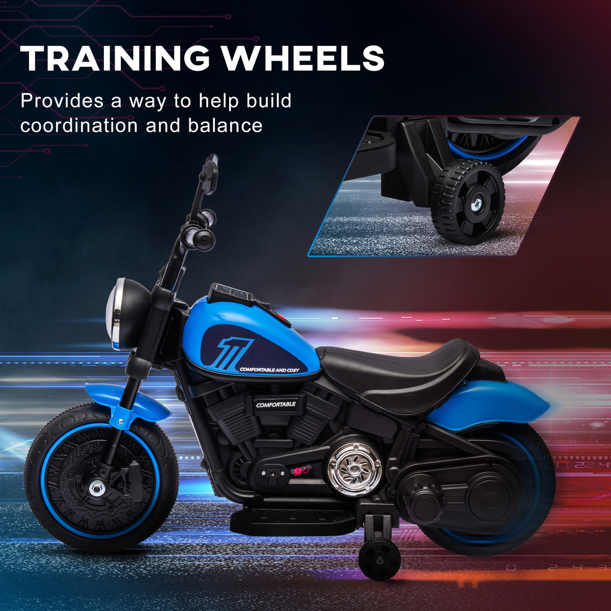 Aosom 6V Kids Motorcycle with Training Wheels, Foot Pedal, Headlight, Music, Forward/Reverse, Single-Button Start