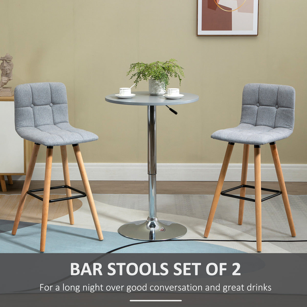 Modern Bar Stools Set of 2, 38" Upholstered Kitchen Island Stool with Solid Wood Legs, Grey – view 3