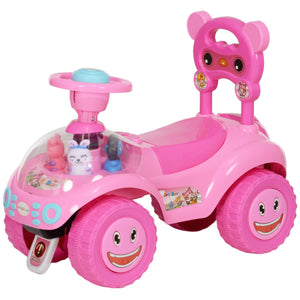Qaba Toddlers Push Car with Horn, Light, Music, Anti-Over-Backwards Device, Steering Wheel, Under Seat Storage, Pink