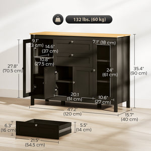 Buffet Cabinet Sideboard with 2 Drawers, 3 Storage Cabinets, Glass Doors and Adjustable Shelves, Dark Brown