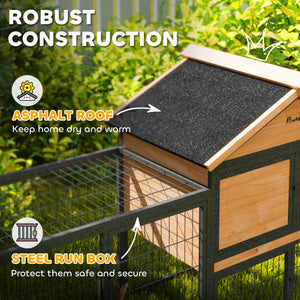 Rabbit Hutch Outdoor, 85"L Large Wooden Bunny Cage with Run Box, Removable Plastic Tray, Asphalt Roof, Ramp, Yellow