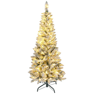 5ft Flocked Christmas Tree with Dual Colour LED Light, Pencil Hinged Xmas Tree with 11 Light Modes, Easy Assembly