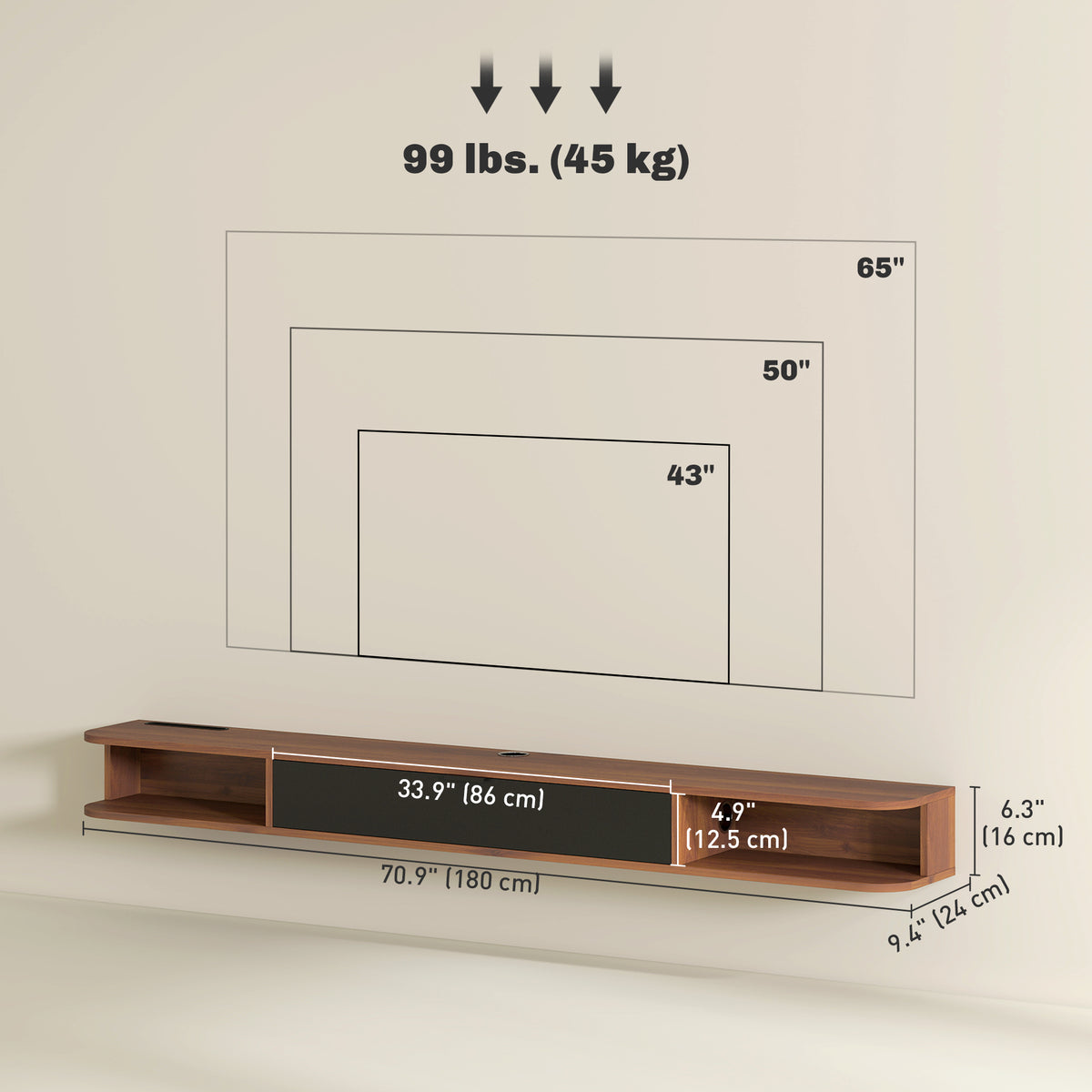 47" Floating TV Stand for TVs up to 50 Inch, Wall Mounted Media Console with Flip Drawer and 2 Open – view 23