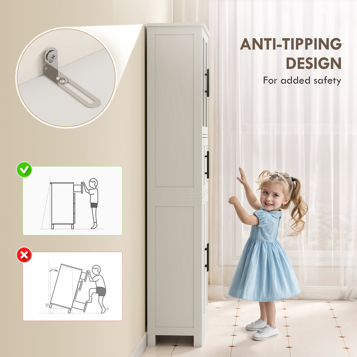 67" Tall Bathroom Storage Cabinet, Modern Freestanding Bathroom Cabinet with Glass Doors and Adjustable Shelves, White