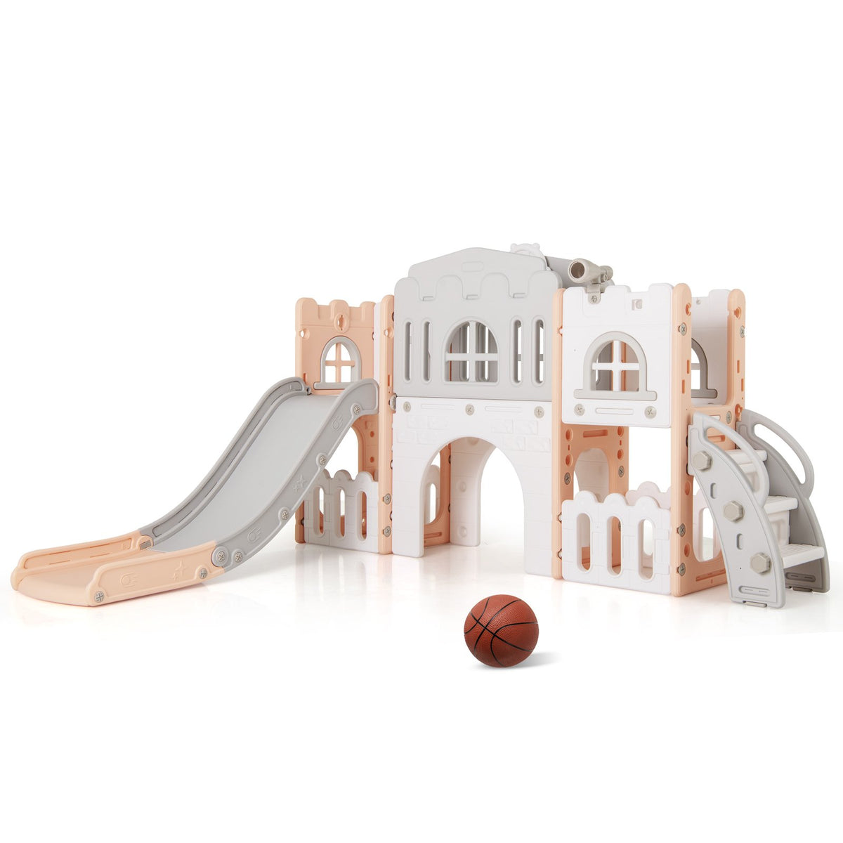 All-in-1 Toddler Slide Playset Playground with Tunnel and Ladder and Basketball-Pink