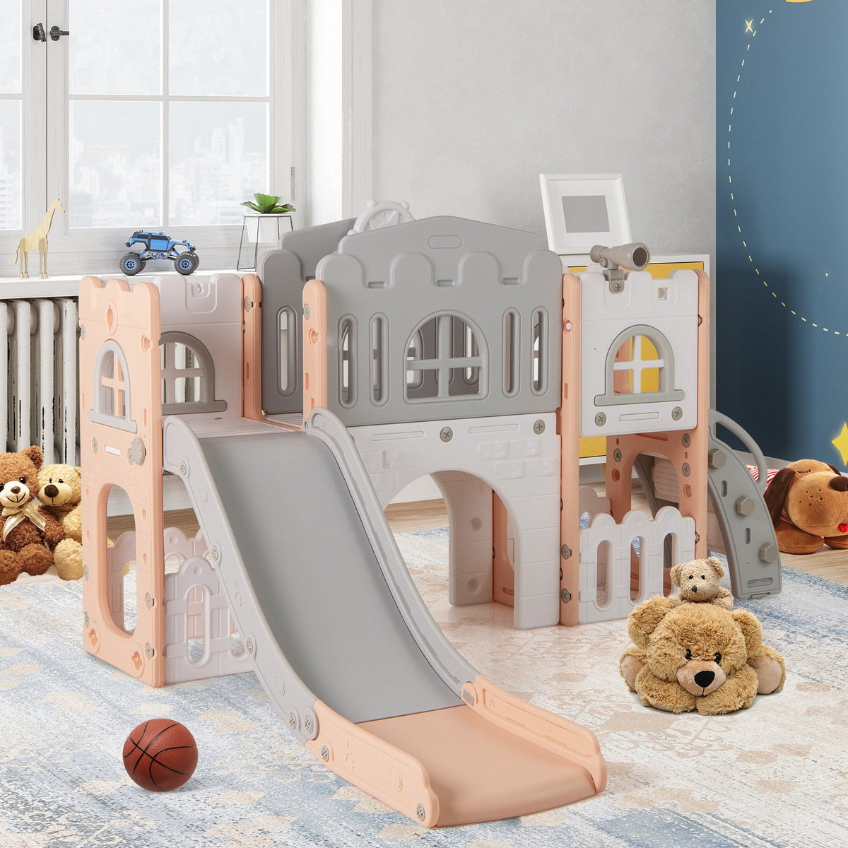 All-in-1 Toddler Slide Playset Playground with Tunnel and Ladder and Basketball-Pink view 3