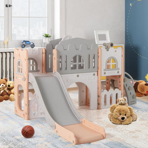 All-in-1 Toddler Slide Playset Playground with Tunnel and Ladder and Basketball-Pink view 3