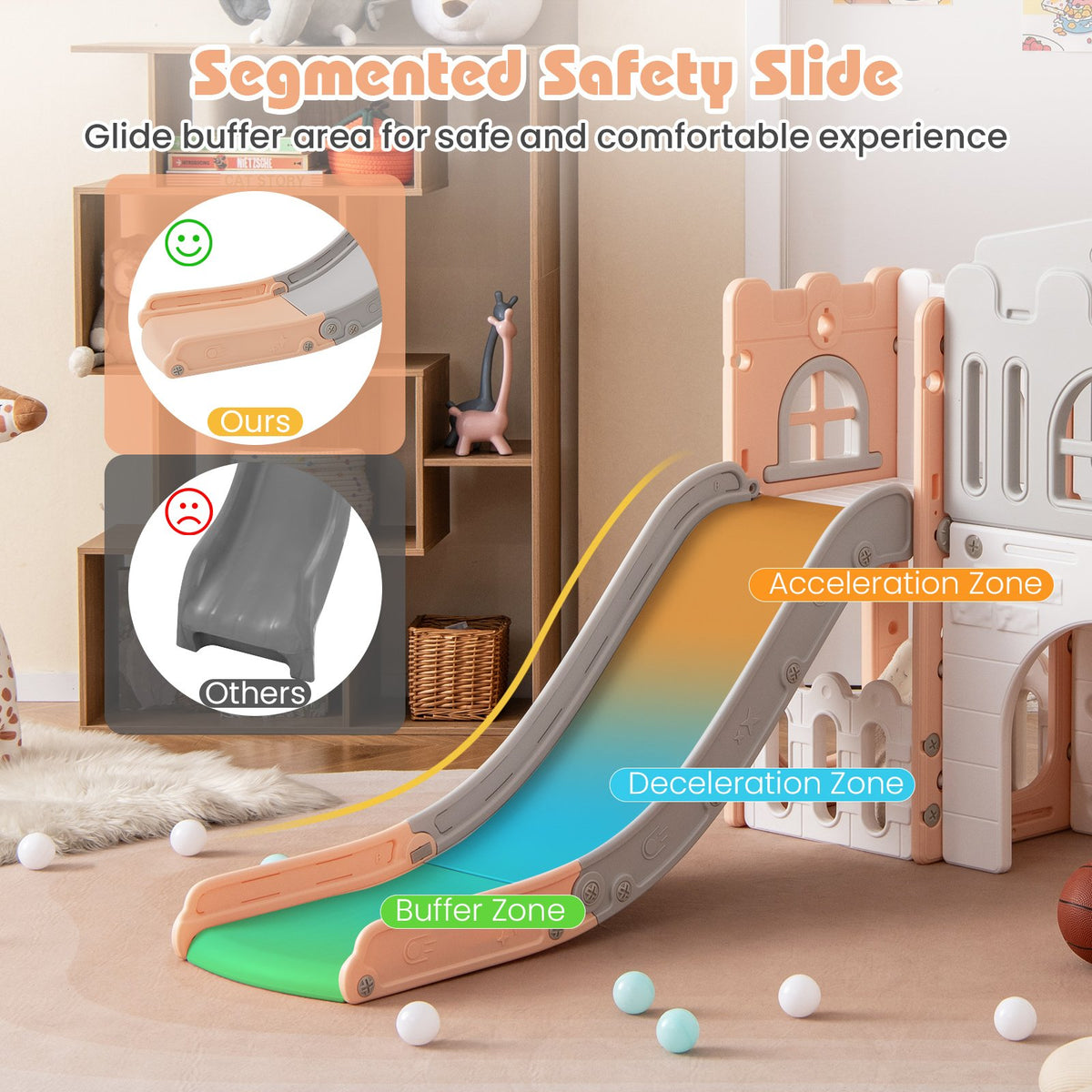 All-in-1 Toddler Slide Playset Playground with Tunnel and Ladder and Basketball-Pink view 6