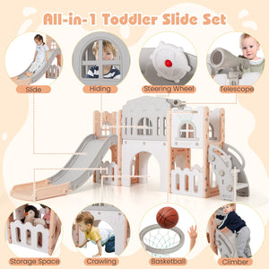 All-in-1 Toddler Slide Playset Playground with Tunnel and Ladder and Basketball-Pink view 7